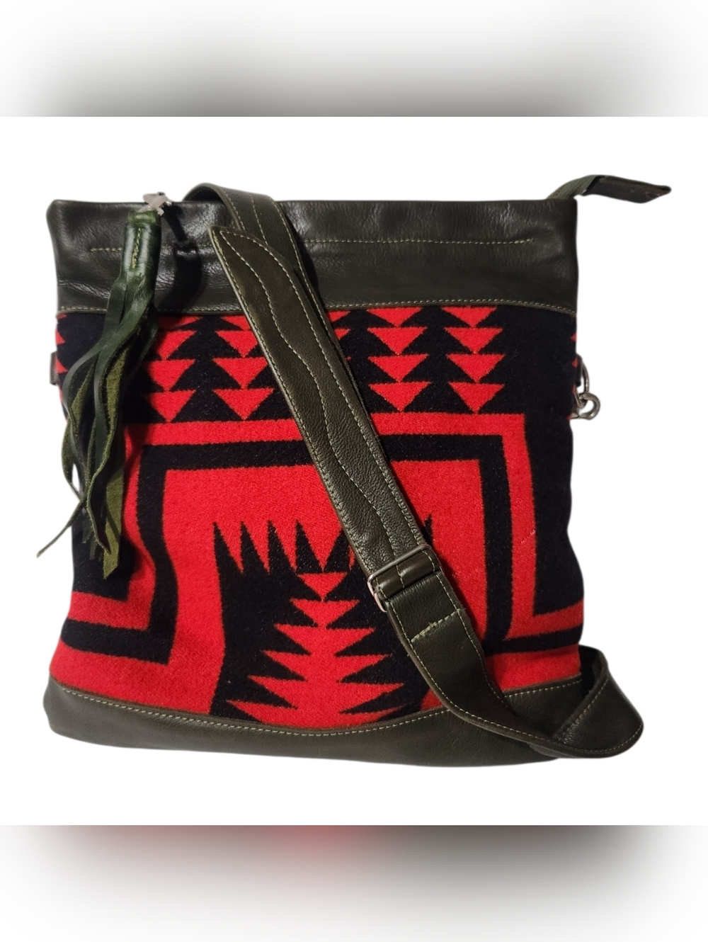 Wool & Leather Red, Black, Green Large Hobo Tote